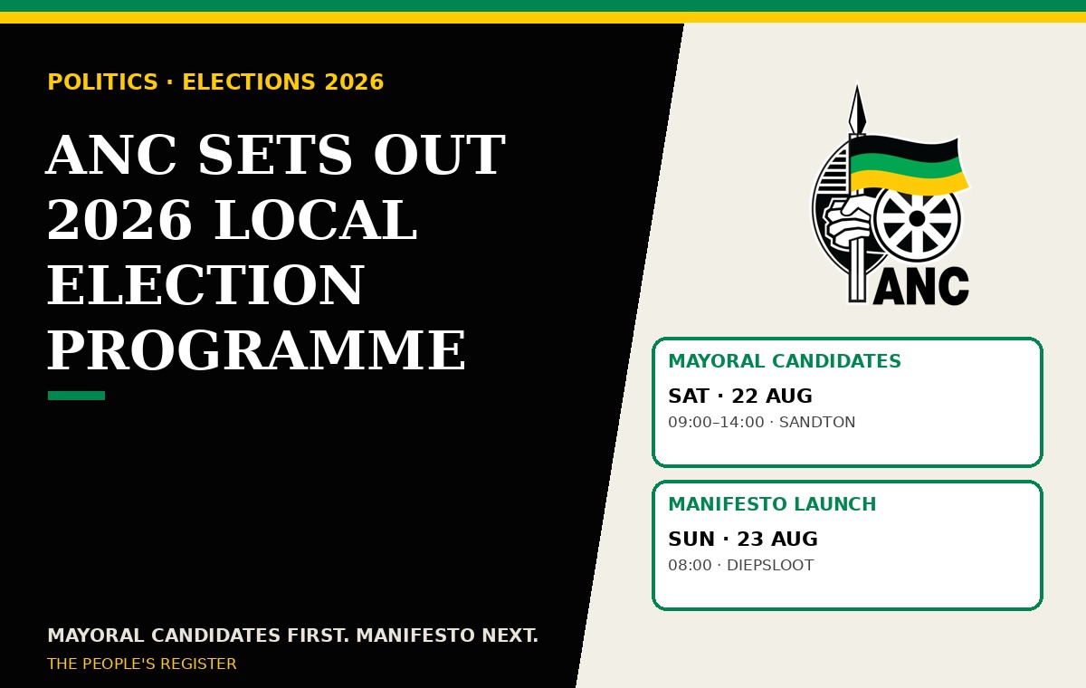 ANC 2026 local election programme: mayoral candidates on 22 August and manifesto launch on 23 August