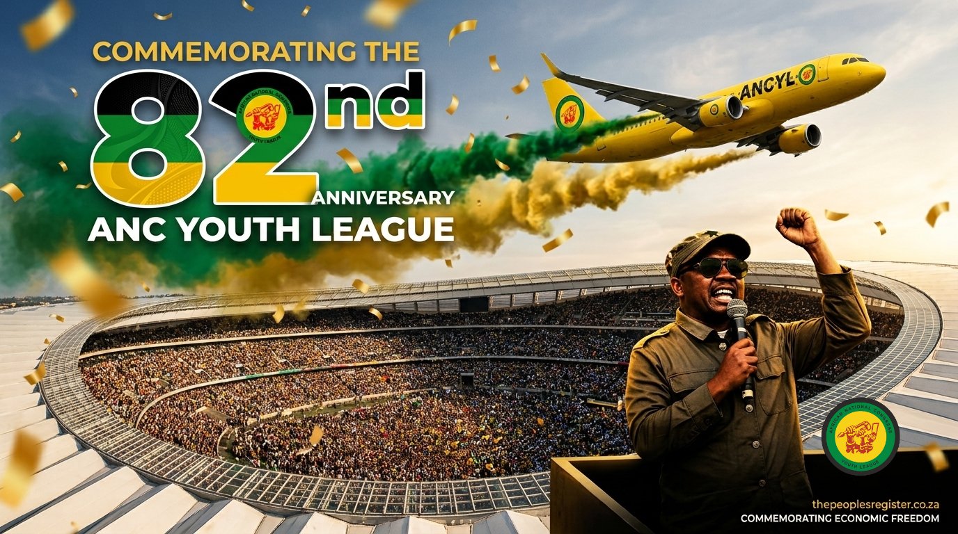 Supplied commemorative artwork celebrating the ANCYL’s 82nd anniversary; an illustrated aircraft and stadium scene.