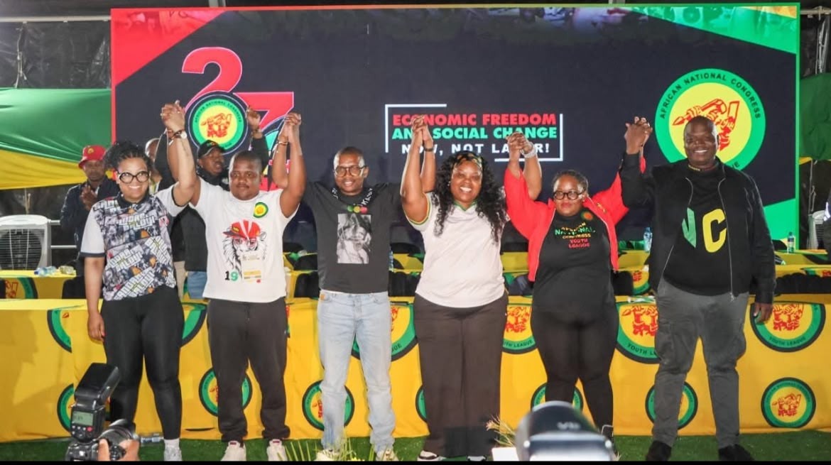 The newly elected national officials raise joined hands on the stage at the ANCYL’s 27th National Congress.