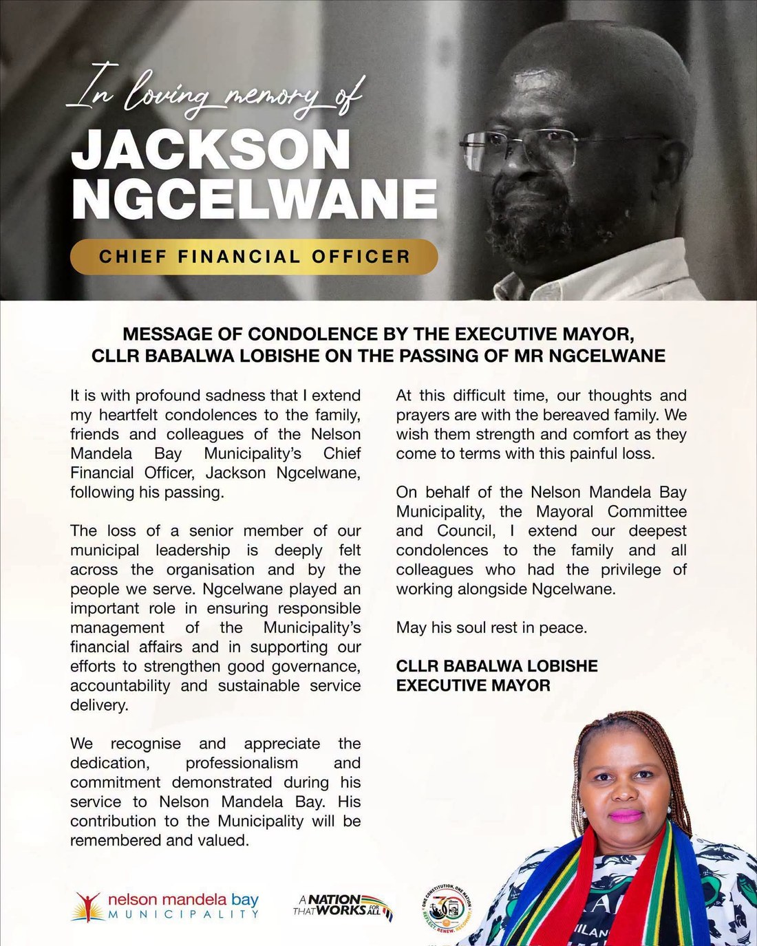Official Nelson Mandela Bay Municipality message of condolence for Jackson Ngcelwane