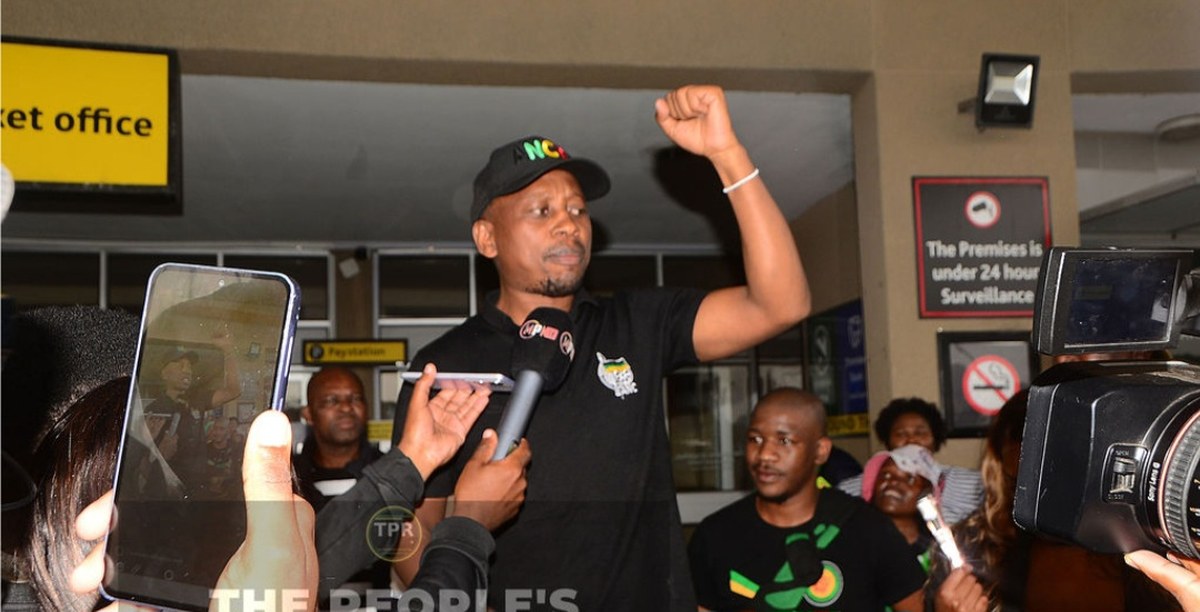 Andile Lungisa addresses members, supporters and members of the media at the airport