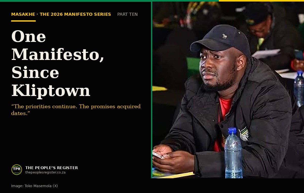 ANC NEC member Zuko Godlimpi, Deputy Chairperson of the Economic Transformation subcommittee, beside the headline: one manifesto, since Kliptown