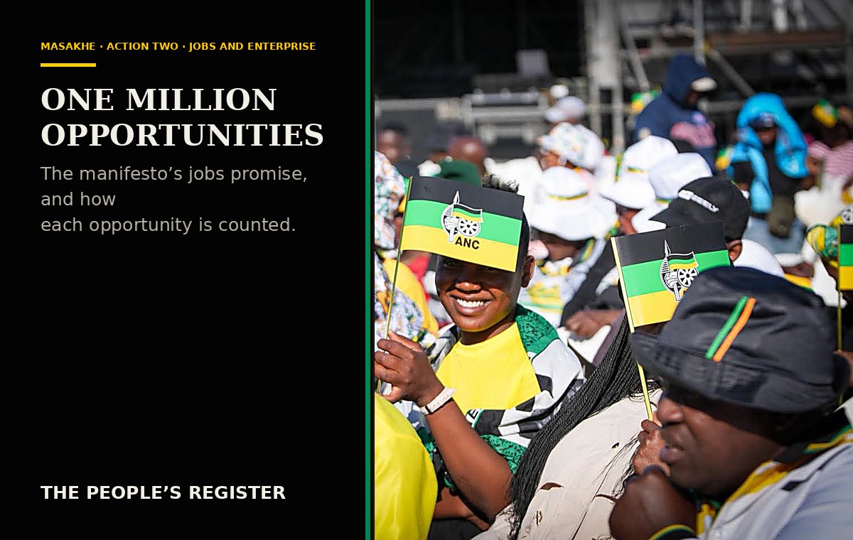 ANC supporters at the Masakhe manifesto launch, artwork for The People’s Register Action Two explainer