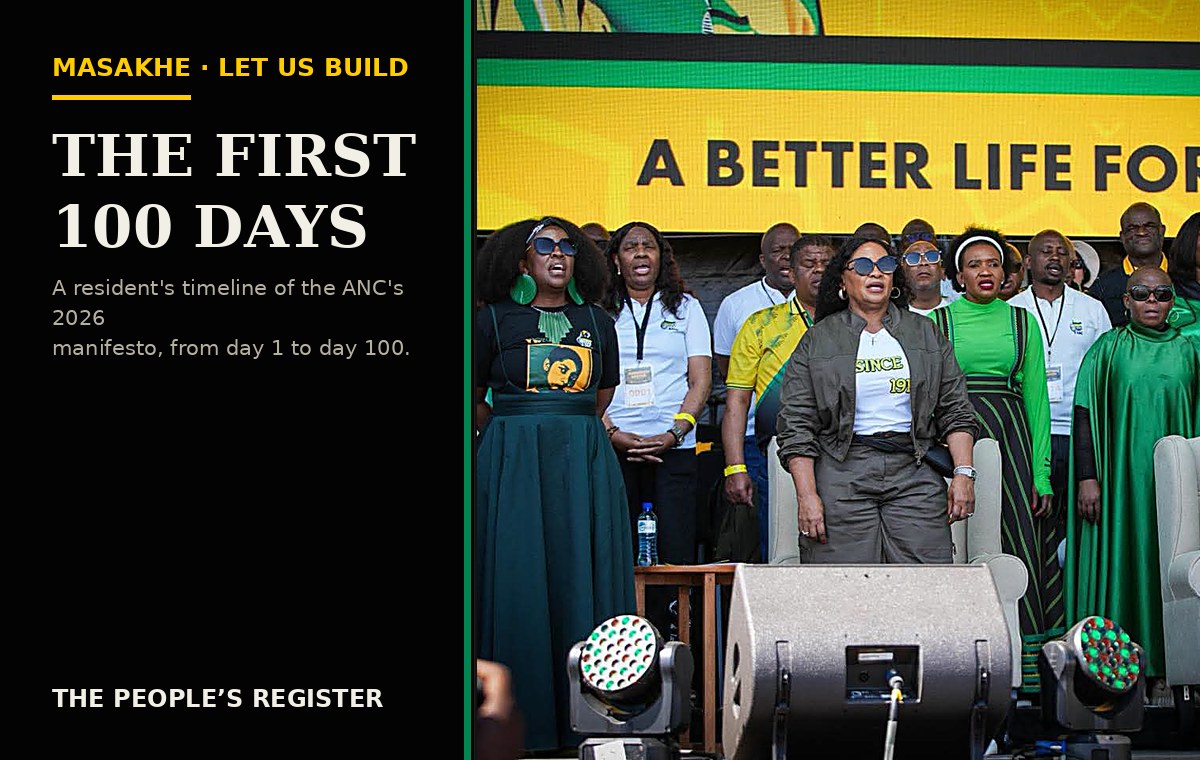ANC supporters at the Masakhe manifesto launch, artwork for The People’s Register 100-days timeline