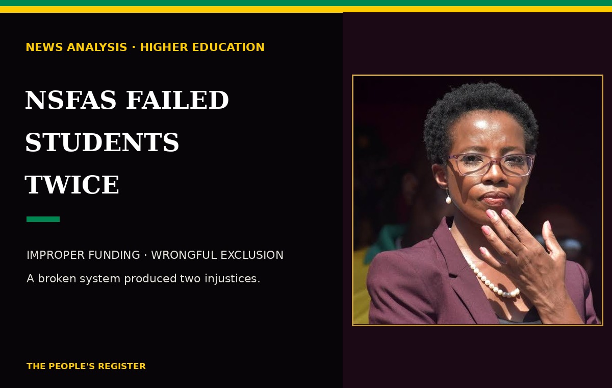 Public Protector Kholeka Gcaleka alongside the headline NSFAS Failed Students Twice