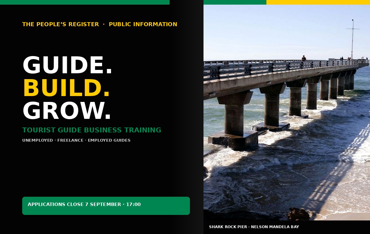 Guide, Build, Grow graphic alongside Shark Rock Pier in Nelson Mandela Bay