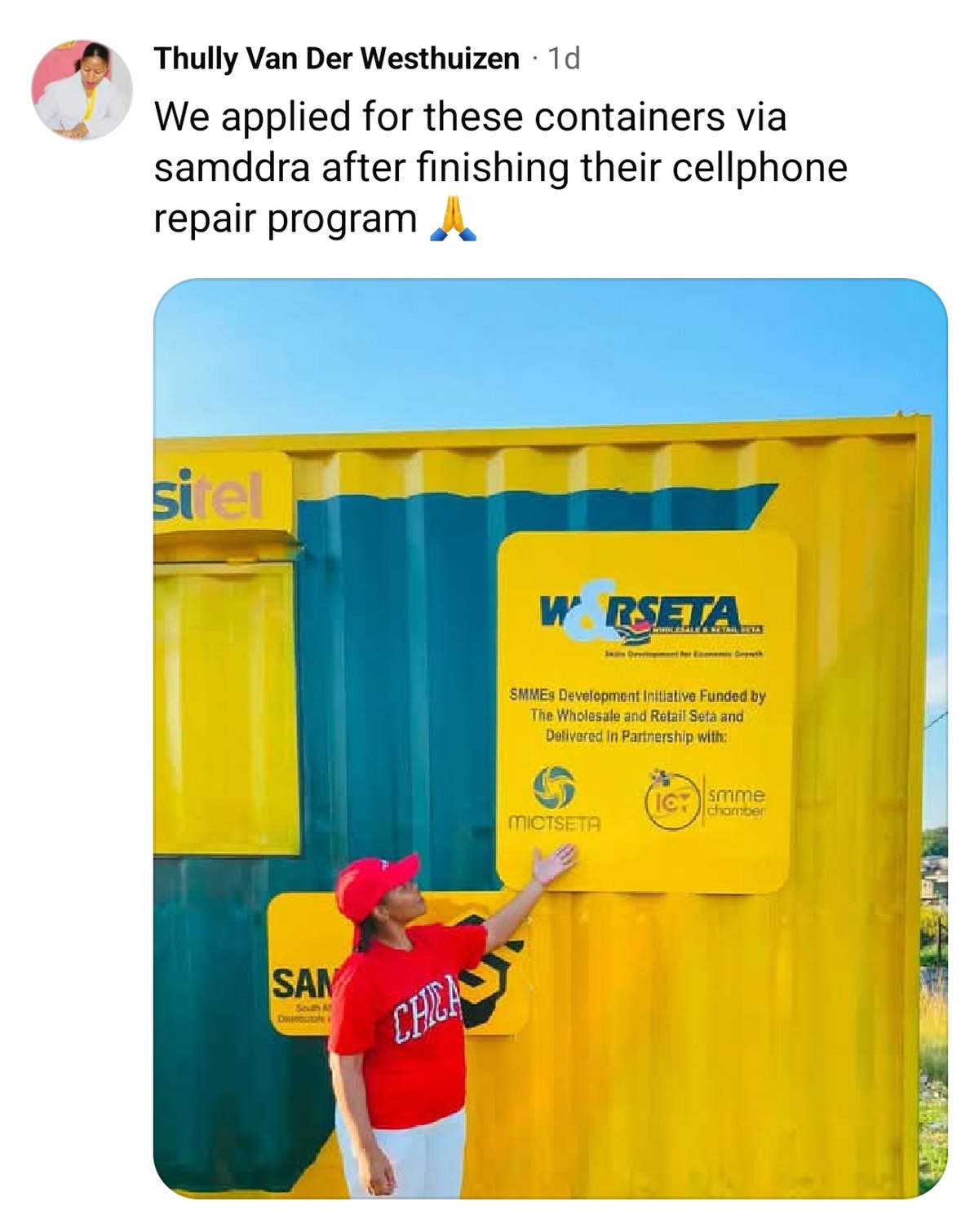 A beneficiary describing on the W&RSETA Facebook page how they applied for a container after completing the cellphone repair programme